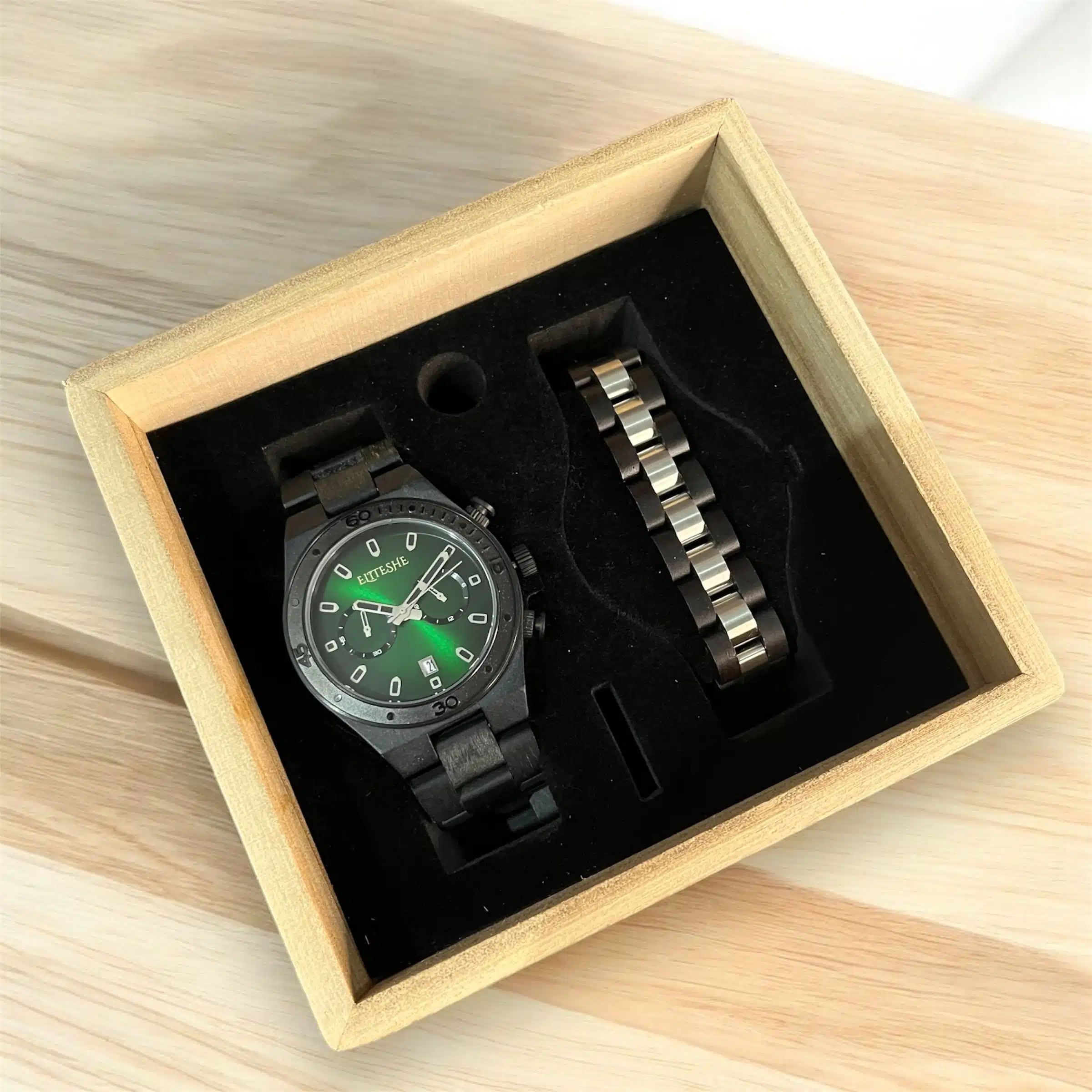 Photoroom_20240823_211226 مجموعة ساعة خشبية جرين روك مان مع إسورة خشب الرجالية