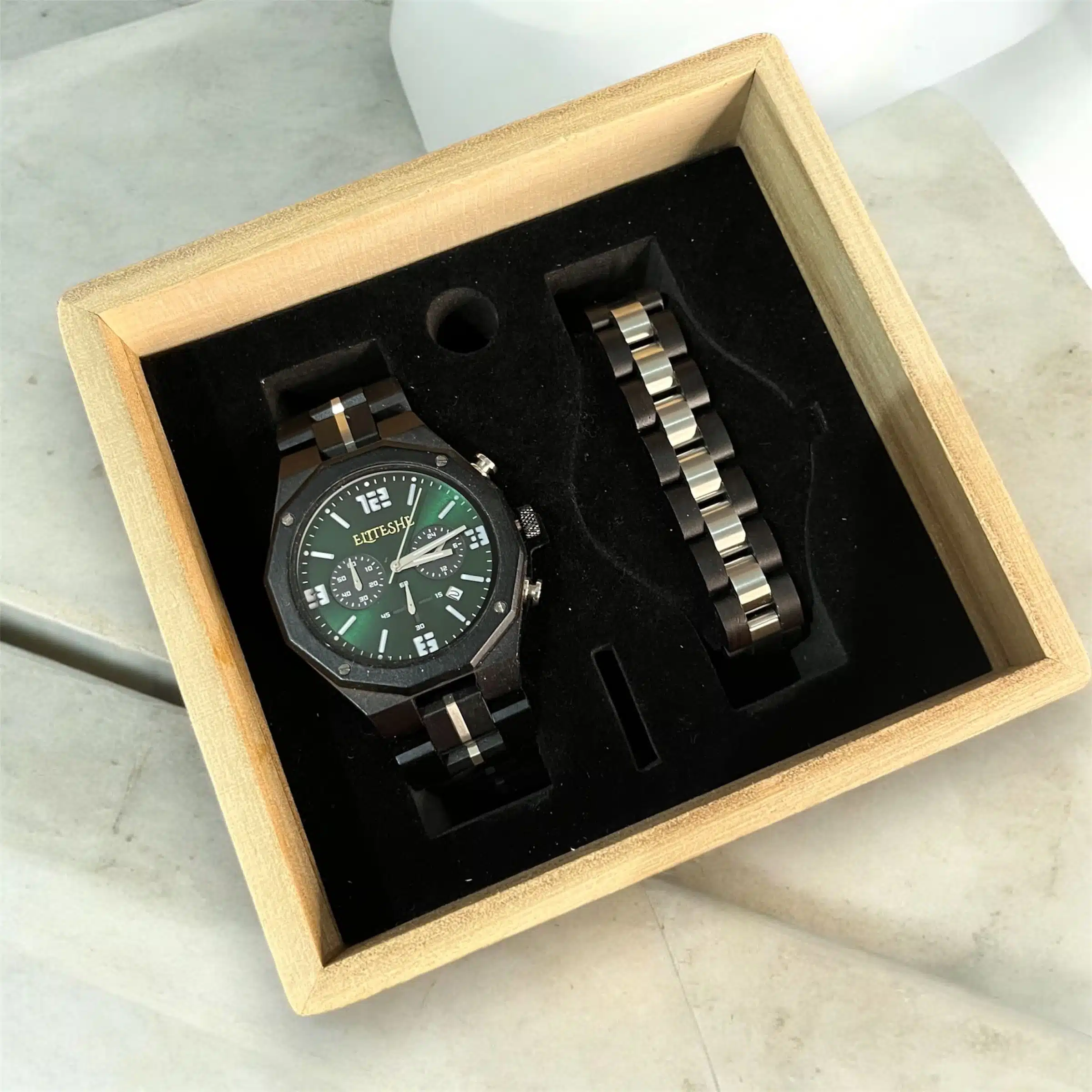 Photoroom_20240823_211429 مجموعة جرين لوكشيروس ساعة خشبية مع إسورة خشبية - رجالي